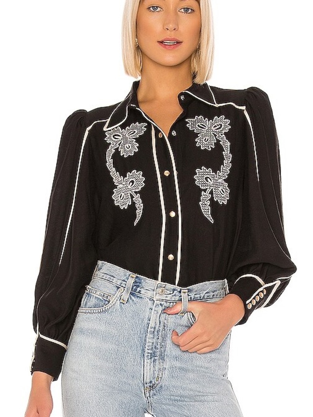 C/MEO Collective Black Blouse with Cream Piping and Embroidered Floral Panels - Picture 4 of 8